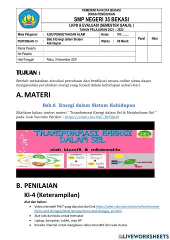 LKPD & EVALUASI PERTEMUAN 13 IPA  7.5 - 7.c