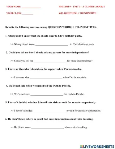 ENGLISH 9- UNIT 3- WH QUESTIONS + to inf