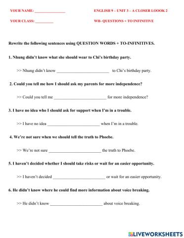 ENGLISH 9- UNIT 3- WH QUESTIONS + to inf