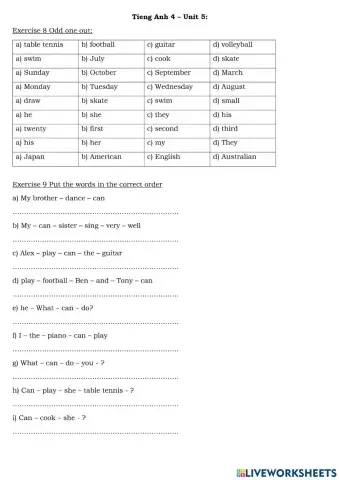 Tieng Ang 4 - Unit 5 exercises
