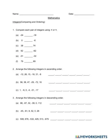 Comparing and Ordering Integers