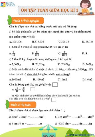 Phiếu toán ôn tập giữa học kì 1