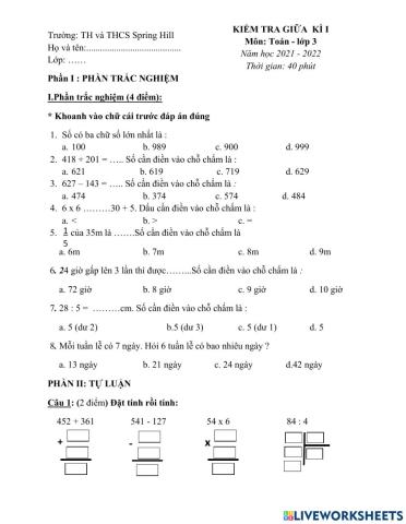 Đề kiểm tra giữa kì môn toán khối 3 (dự phòng)