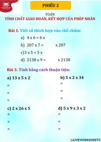 Tính chất giao hoán và kết hợp của phép nhân