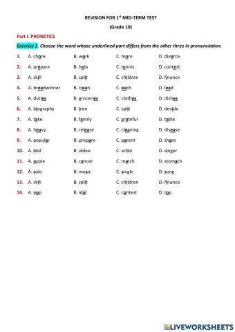 English 10 - 1st Midterm practice - Phonetics