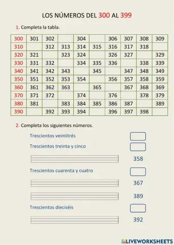 Numeración: los números del 300 al 399