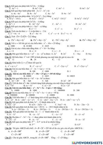 Trắc nghiệm giữa HK1 Toán 8