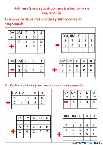 Adiciones y sustracciones con y sin reagrupación