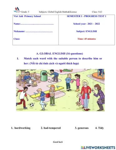 Mini test (semester 1) - grade 5 vas