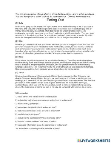 Reading Part 7: Eating Out