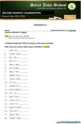 Second Monthly Exam Mathematics 6