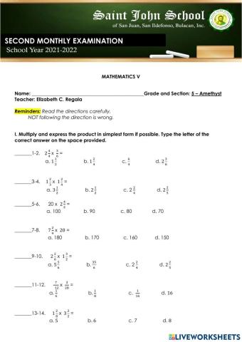 Second Monthly Exam Mathematics 5