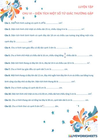 L6.Ôn tập chu vi - diện tích (30 câu)