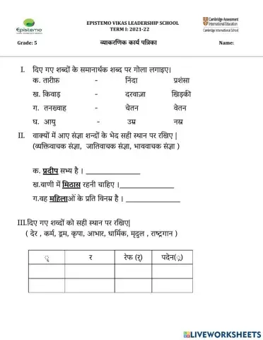 Grade 5  पाठ-5 शिष्टाचार-व्याकरणिक कार्य पत्रिका
