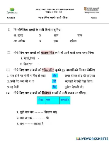 कक्षा-4 पाठ-5 दो बैलों की कथा-व्याकरणिक कार्य- कार्य पत्रिका