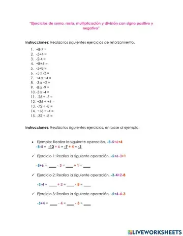 Suma, resta, multiplicación y división de números enteros