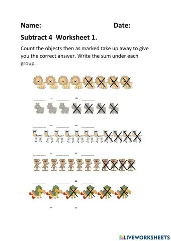 Subtract 4 Worksheet 1