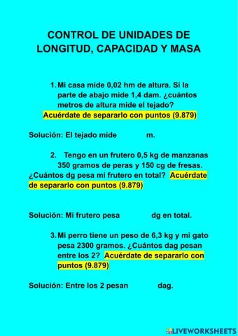 Problemas y ejecicios de unidades de longitud. , capacidad y masa
