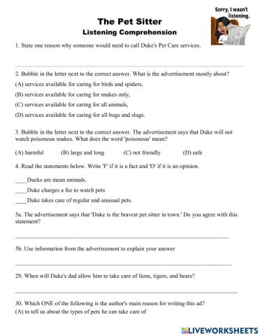 Pet Sitter Listening Comprehension