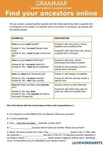 Present Perfect vs Simple Past Find your ancestors online