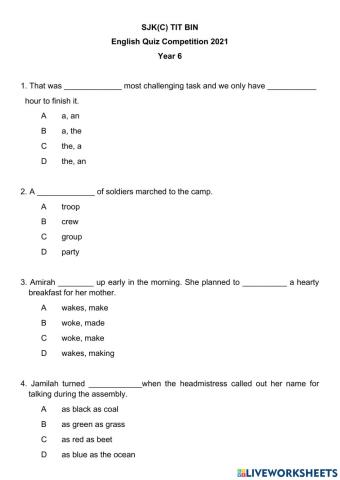 Year 6 English Quiz Competition 2021
