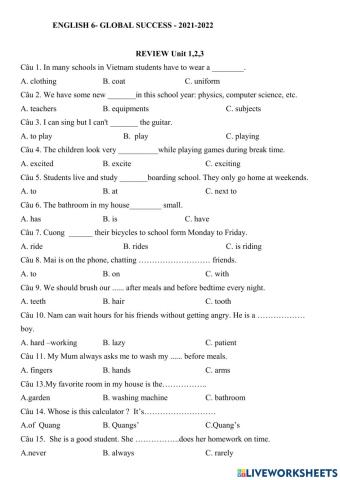 Review Unit 1,2,3 English 6