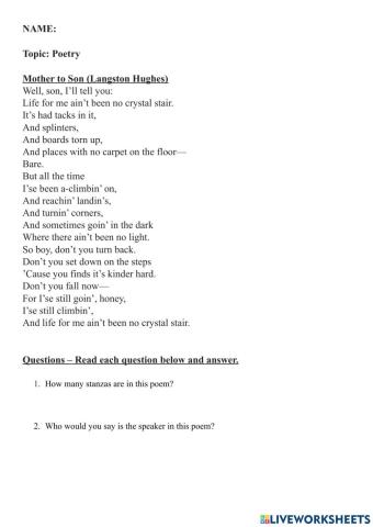 Mother To Son Poem Questions And Answers Class 7 Pdf Sitedoct org