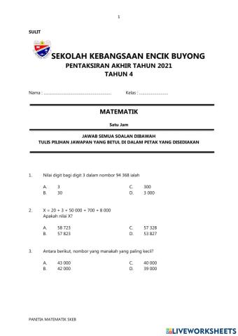 PENILAIAN MATEMATIK TAHUN 4 2021