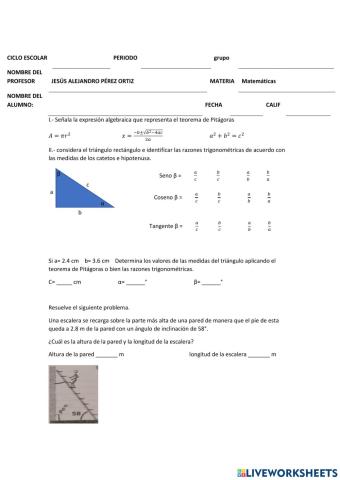 Evaluación teorema de Pitágoras y razones trigonométricas