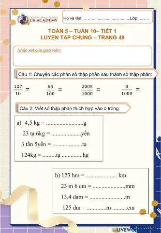 Toán 5 - Tuần 9 - Luyện tập chung trang 48