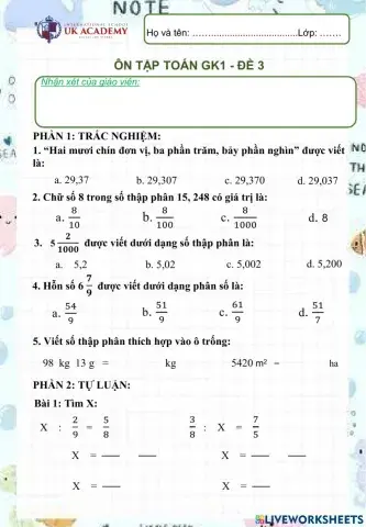 Toán 5 - Ôn tập giữa kì 1 - Đề 3