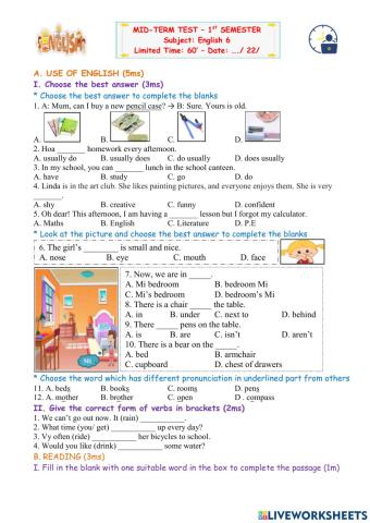 Kiểm tra giữa kì I - Tiếng Anh 6 (21-22)