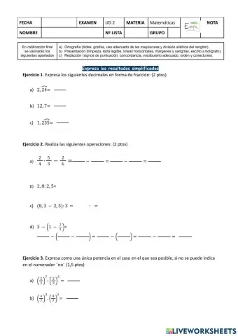 Examen fracciones y decimales 2ºESO