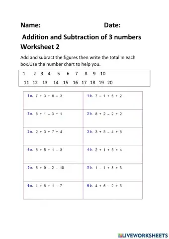 Addition and Subtraction of 3 numbers Worksheet 2