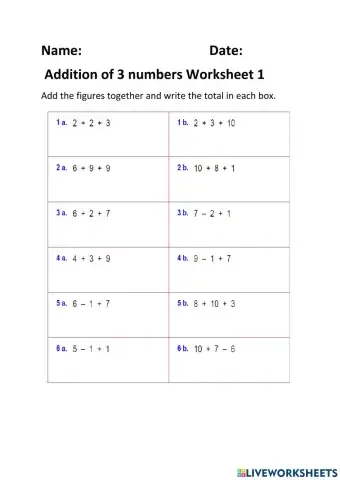 Addition of 3 Numbers Worksheet 1
