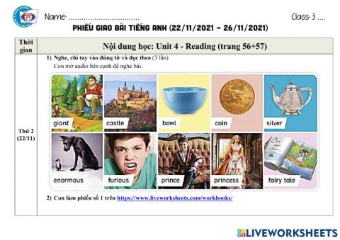 Phiếu giao bài Tiếng Anh tuần từ 22 đến 26.8