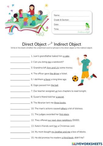 Direct and Indirect Object - HuntersWoodsPH.com Worksheet