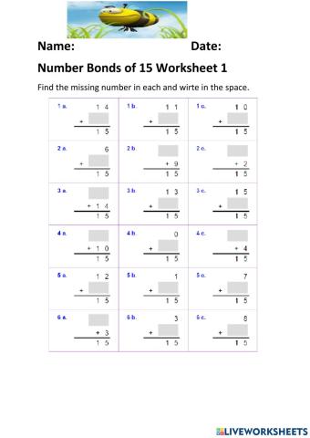 Number Bonds of 15 Worksheet 1