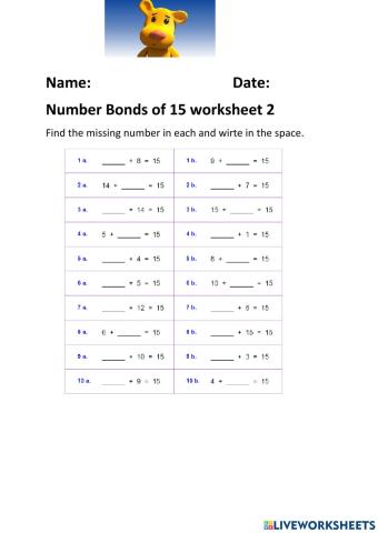 Number Bonds of 15 Worksheet 2