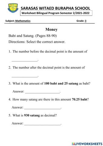 Money- Baht and Satang Activity 1