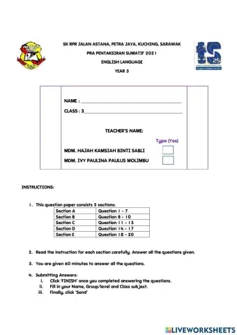 PRA PENTAKSIRAN SUMATIF BAHASA INGGERIS TAHUN 3