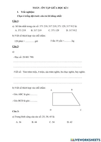Ôn tập giữa học kì 1 - toán - 2