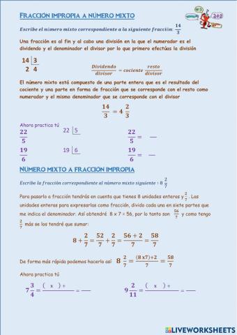 Pasar una fracción impropia a número mixto y viceversa