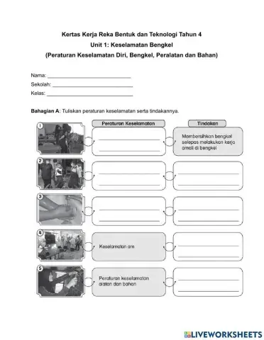 Kertas kerja RBT Tahun 4 Unit 1- Peraturan Keselamatan Diri, Bengkel, Peralatan dan Bahan
