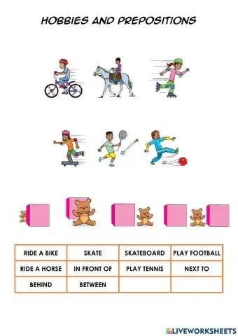 Hobbies, prepositions, farm animals, fruits