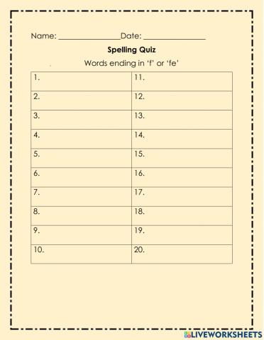 Spelling Quiz Words ending in f or fe