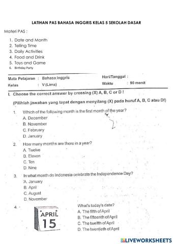 Latihan PAS Bhs Inggris Kelas 5