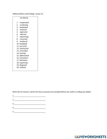 Doubling Final Consonants- Adding Suffixes and Endings to WOrds Ending in E