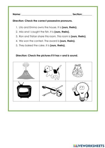 Possessive Pronoun and Initial Sound V and B