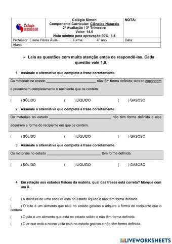 Avaliação de Ciências da Natureza